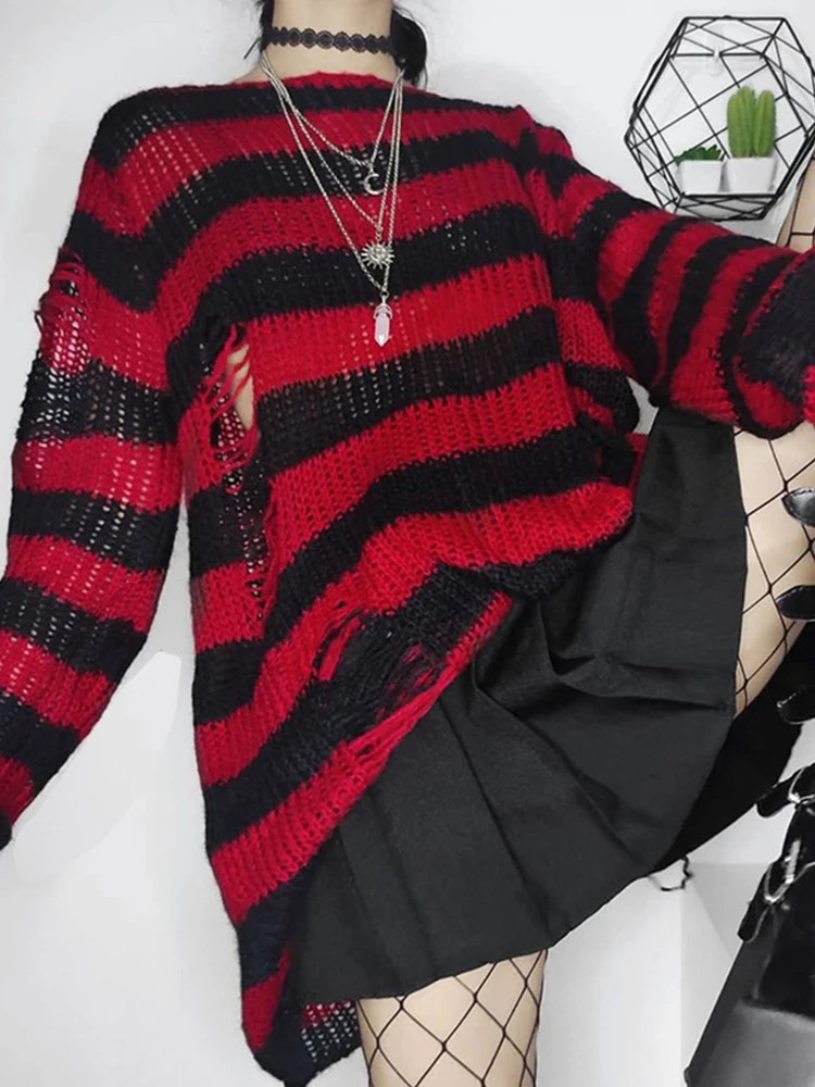 Karrcat Grunge Harajuku Striped Knit Sweater Women Y2K Streetwear Hole Broken Jumper Loose Purple Sweaters Punk Gothic Clothes - Image 2
