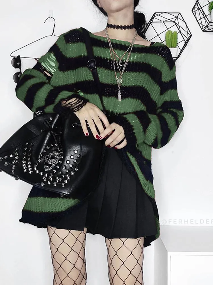 Karrcat Grunge Harajuku Striped Knit Sweater Women Y2K Streetwear Hole Broken Jumper Loose Purple Sweaters Punk Gothic Clothes - Image 5