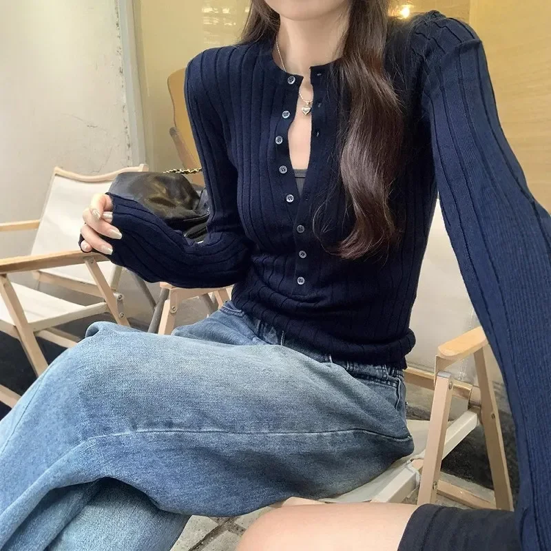 Korean Ribbed Knit Pullovers for Women Henley Neck Casual Long Sleeve Inner Layer Tops Woman Autumn Slim Fit Solid Color Jumpers - Image 2