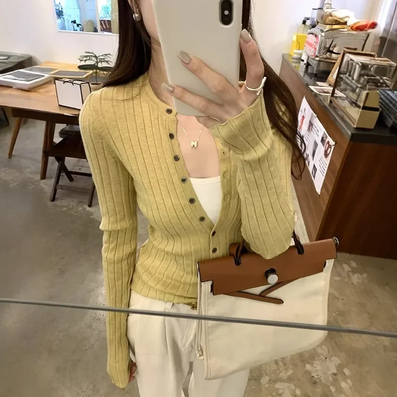 Korean Ribbed Knit Pullovers for Women Henley Neck Casual Long Sleeve Inner Layer Tops Woman Autumn Slim Fit Solid Color Jumpers - Image 3