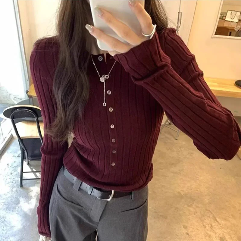 Korean Ribbed Knit Pullovers for Women Henley Neck Casual Long Sleeve Inner Layer Tops Woman Autumn Slim Fit Solid Color Jumpers - Image 4