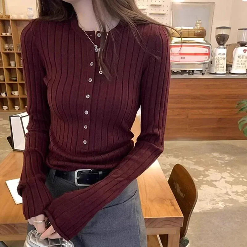 Korean Ribbed Knit Pullovers for Women Henley Neck Casual Long Sleeve Inner Layer Tops Woman Autumn Slim Fit Solid Color Jumpers - Image 5