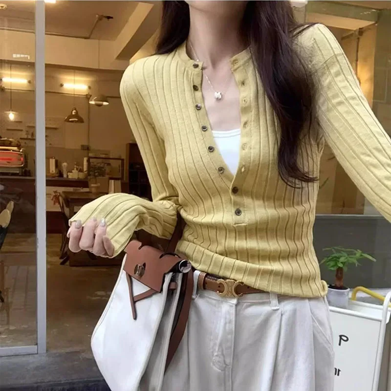 Korean Ribbed Knit Pullovers for Women Henley Neck Casual Long Sleeve Inner Layer Tops Woman Autumn Slim Fit Solid Color Jumpers - Image 6