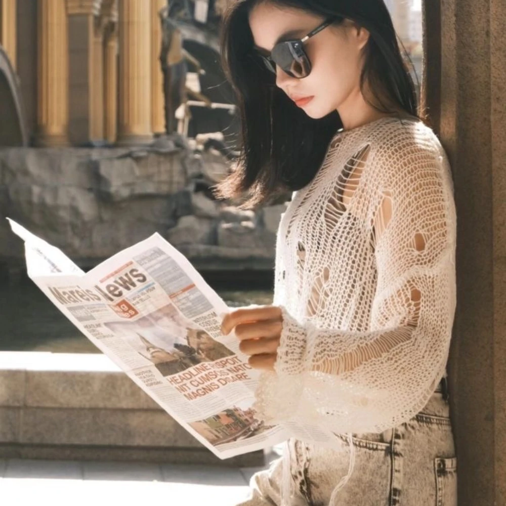 Korean Streetwear Y2k Cropped Hollow Out Knit Sweater Sexy Gyaru Long Sleeve Hole Pullover Sheer Mesh Knitwear Top Summer - Image 2