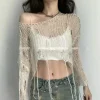 Korean Streetwear Y2k Cropped Hollow Out Knit Sweater Sexy Gyaru Long Sleeve Hole Pullover Sheer Mesh Knitwear Top Summer