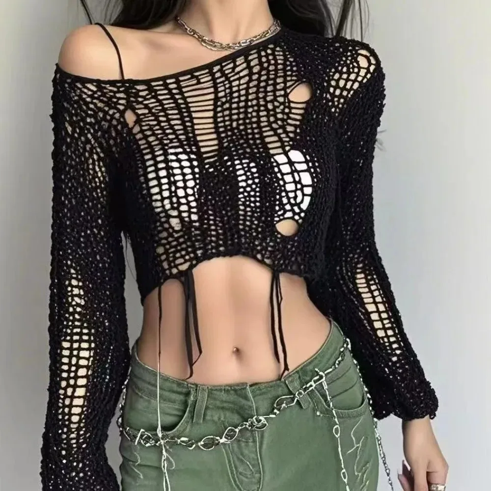 Korean Streetwear Y2k Cropped Hollow Out Knit Sweater Sexy Gyaru Long Sleeve Hole Pullover Sheer Mesh Knitwear Top Summer - Image 3