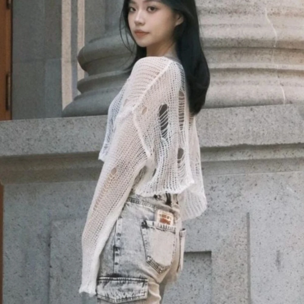 Korean Streetwear Y2k Cropped Hollow Out Knit Sweater Sexy Gyaru Long Sleeve Hole Pullover Sheer Mesh Knitwear Top Summer - Image 4