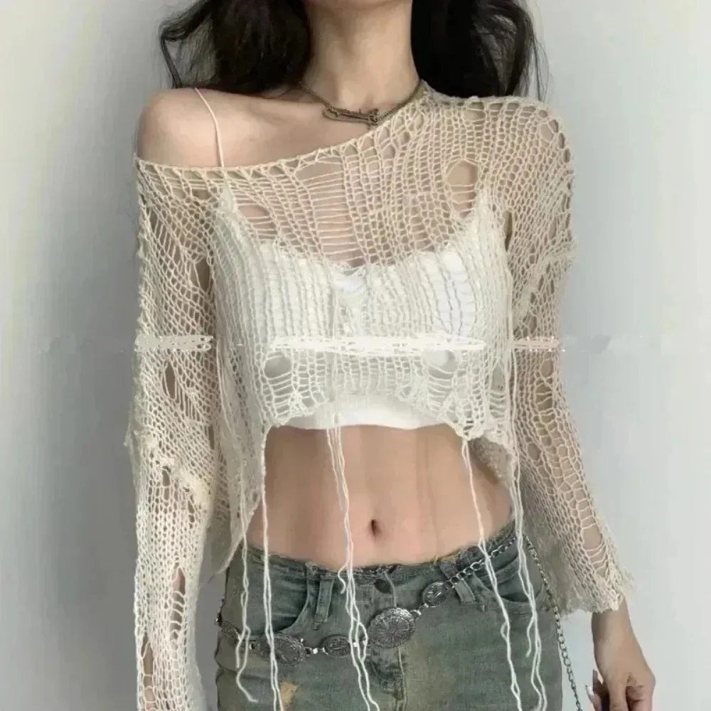 Korean Streetwear Y2k Cropped Hollow Out Knit Sweater Sexy Gyaru Long Sleeve Hole Pullover Sheer Mesh Knitwear Top Summer