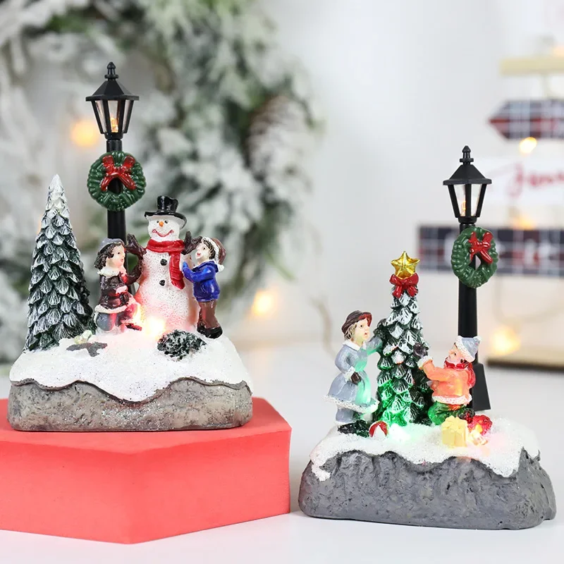LED Christmas Village Ornaments Microlandscape Resin Figurines Decoration Santa Claus Pine Needles Snow View Holiday Gift - Image 6