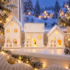 LED Light Christmas Village Houses Xmas Snow Houses Wooden Winter Village Building Figurines Holiday Party Decor