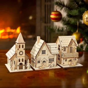 LED Wooden Christmas House Village Decorations Unfinished Wood Xmas House DIY Ornaments Christmas Table Centerpieces 1/3PCS