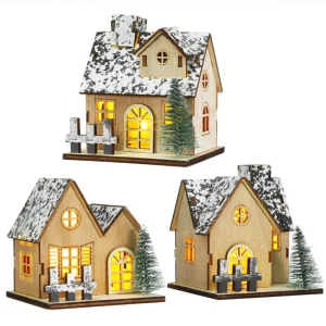 LED Wooden Christmas House Village Unfinished Xmas Snow House DIY Wood Chalet Tree Ornaments Christmas Table Centerpieces