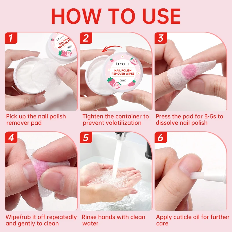 LILYCUTE 32Pcs Lint-Free Box Strawberry Nail Polish Remover Wipes Soft Absorbable Pads for Easy Manicure & Pedicure Bueaty Care - Image 5