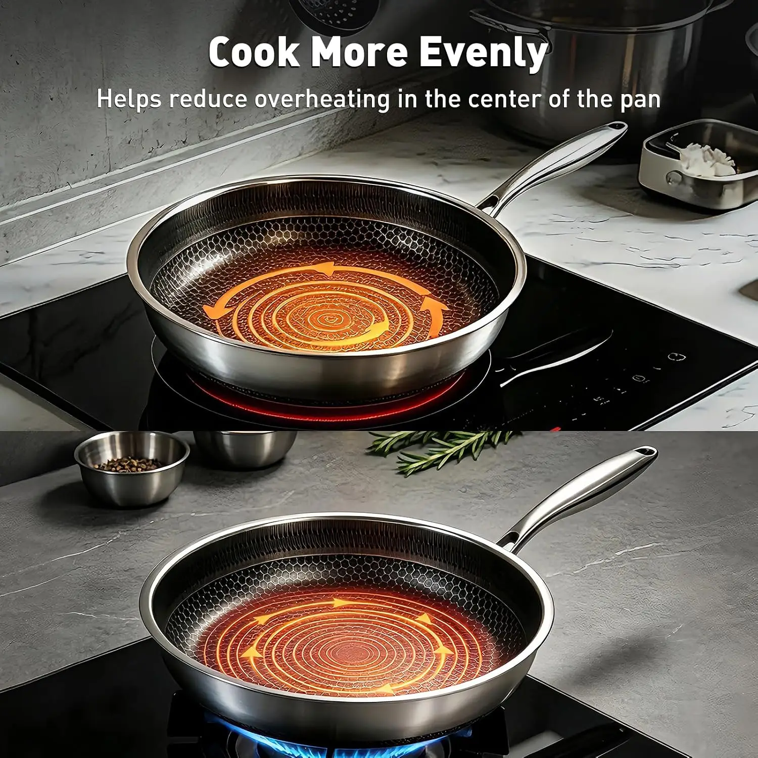 LMETJMA Stainless Steel Frying Pan Nonstick Honeycomb Fry Pan With Lid Induction Ceramic Electric Gas Cooktops Compatible KC0480 - Image 6
