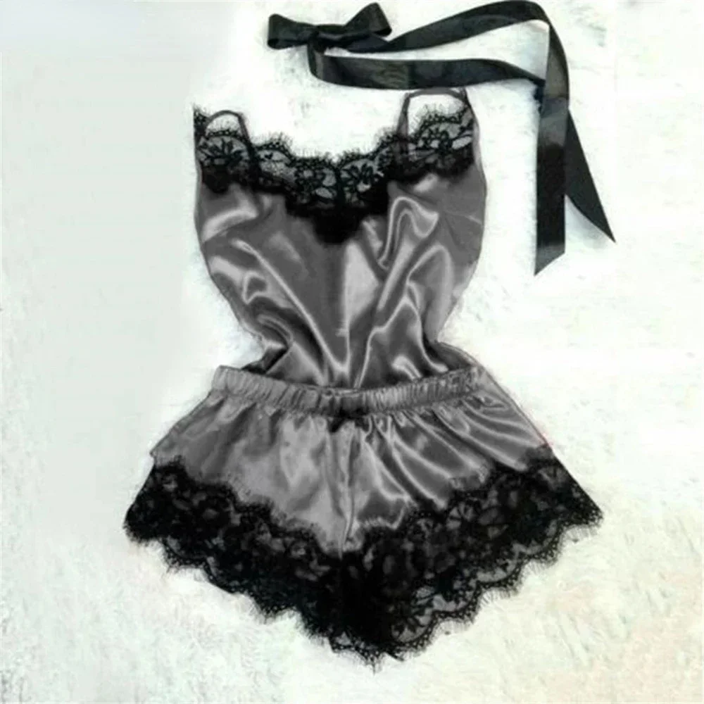 Lace Satin Pajama Set for Women Sleepwear V-Neck Stretch Sexy Lingerie Strap Vest Top Shorts Nightwear Pijamas - Image 5
