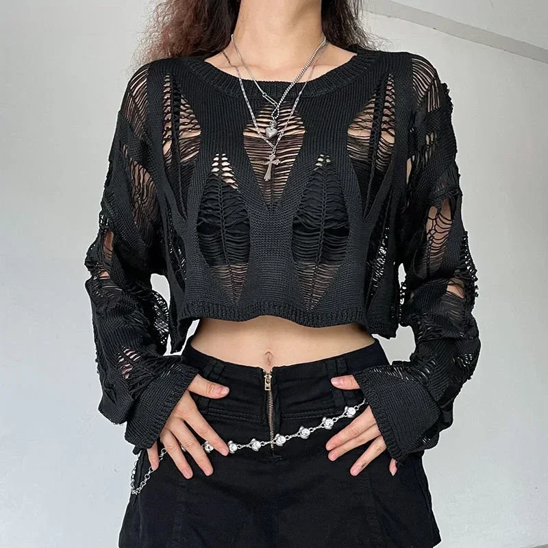 Ladies Sexy Sweater Gothic Punk Hole Sweater Streetwear Harajuku Ripped Knit Pullover Women's Crop Sweater Y2k Clothes - Image 2
