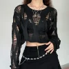 Ladies Sexy Sweater Gothic Punk Hole Sweater Streetwear Harajuku Ripped Knit Pullover Women's Crop Sweater Y2k Clothes