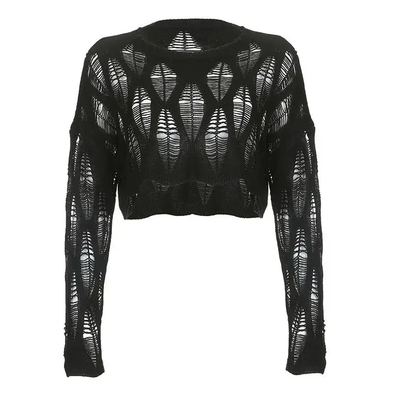 Ladies Sexy Sweater Gothic Punk Hole Sweater Streetwear Harajuku Ripped Knit Pullover Women's Crop Sweater Y2k Clothes - Image 6