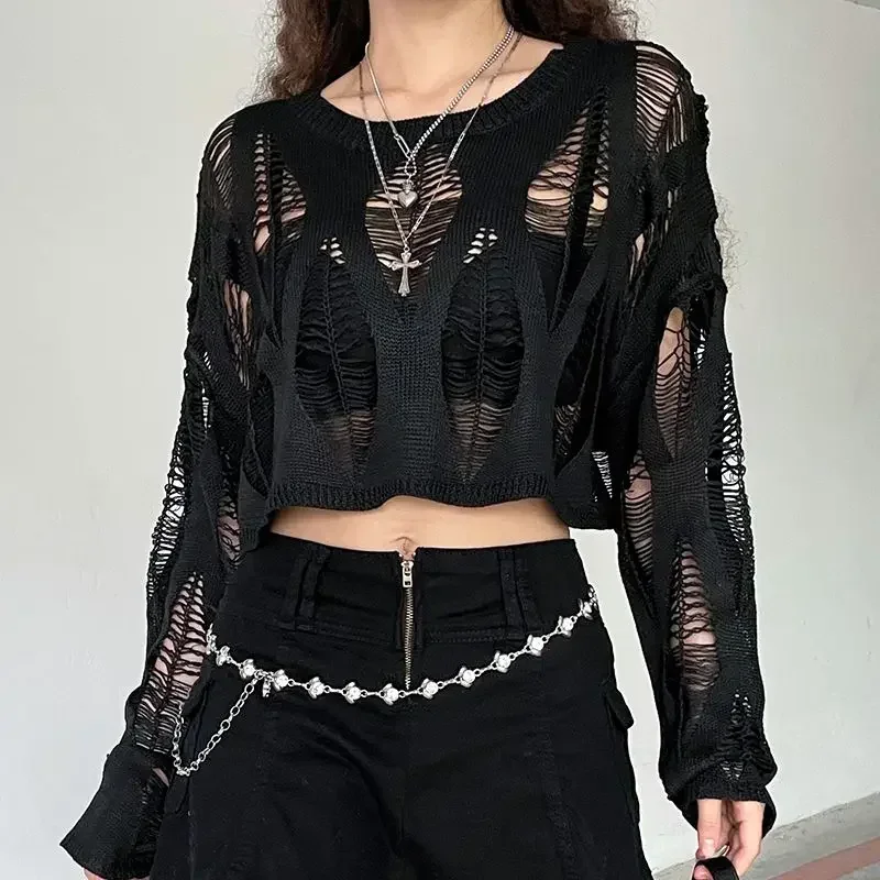 Ladies Sexy Sweater Gothic Punk Hole Sweater Streetwear Harajuku Ripped Knit Pullover Women's Crop Sweater Y2k Clothes - Image 3