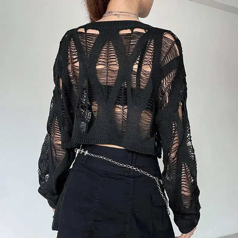 Ladies Sexy Sweater Gothic Punk Hole Sweater Streetwear Harajuku Ripped Knit Pullover Women's Crop Sweater Y2k Clothes - Image 4