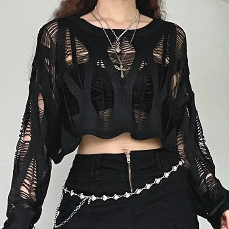 Ladies Sexy Sweater Gothic Punk Hole Sweater Streetwear Harajuku Ripped Knit Pullover Women's Crop Sweater Y2k Clothes - Image 5