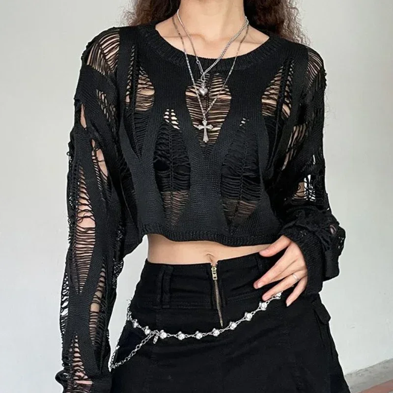 Ladies Sexy Sweater Gothic Punk Hole Sweater Streetwear Harajuku Ripped Knit Pullover Women's Crop Sweater Y2k Clothes