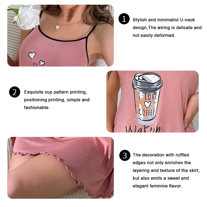 Ladies summer sleepwear printed pure cartoon pajamas suspender sleepwear dress casual and comfortable home wear nightgown dress - Image 3