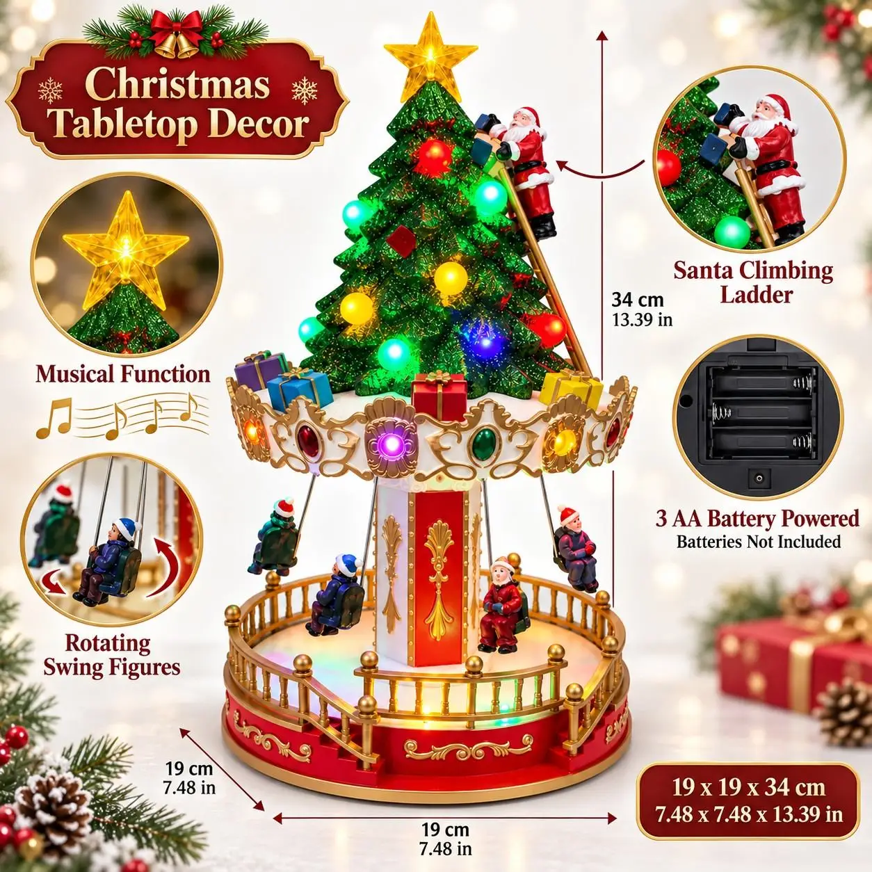 Lighted Musical Christmas Carousel Tree Figurine Rotating Santa Climbing Ladder LED Xmas Village Scene Tabletop Holiday Decorati - Image 2
