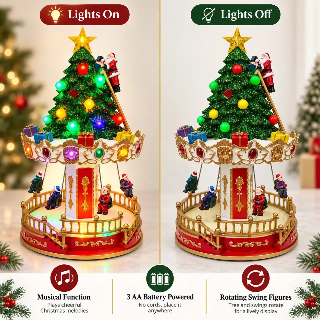 Lighted Musical Christmas Carousel Tree Figurine Rotating Santa Climbing Ladder LED Xmas Village Scene Tabletop Holiday Decorati - Image 6