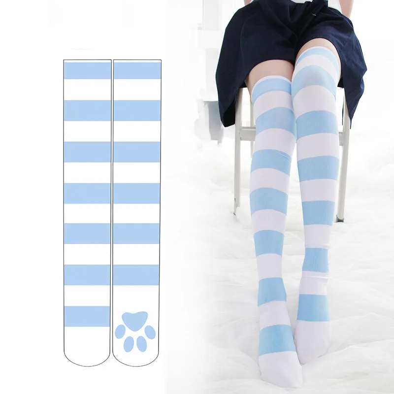 Lolita Over Knee Socks Pink Strip Kawaii Cat Paw Print Stockings Lolita Gothic Velvet Over The Knee Thigh High JK Long Stockings - Image 2