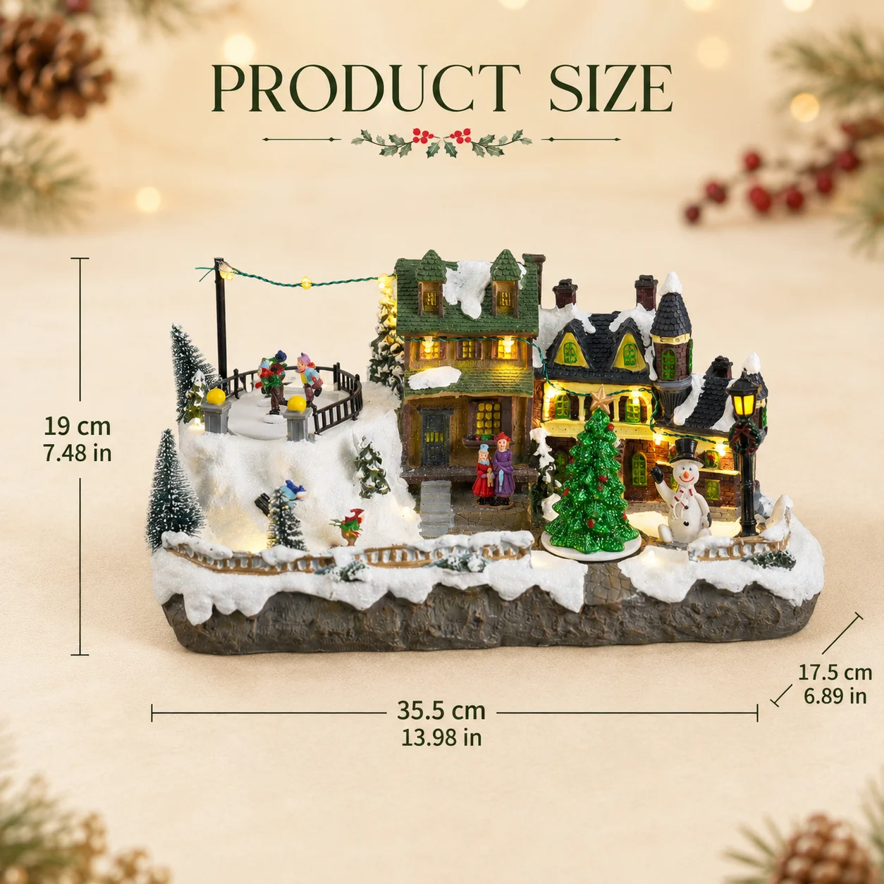 Long Christmas Village Music Box Resin, Rotating Skiers & Christmas Tree LED Snowy Houses 8 Songs 35cm - Image 2