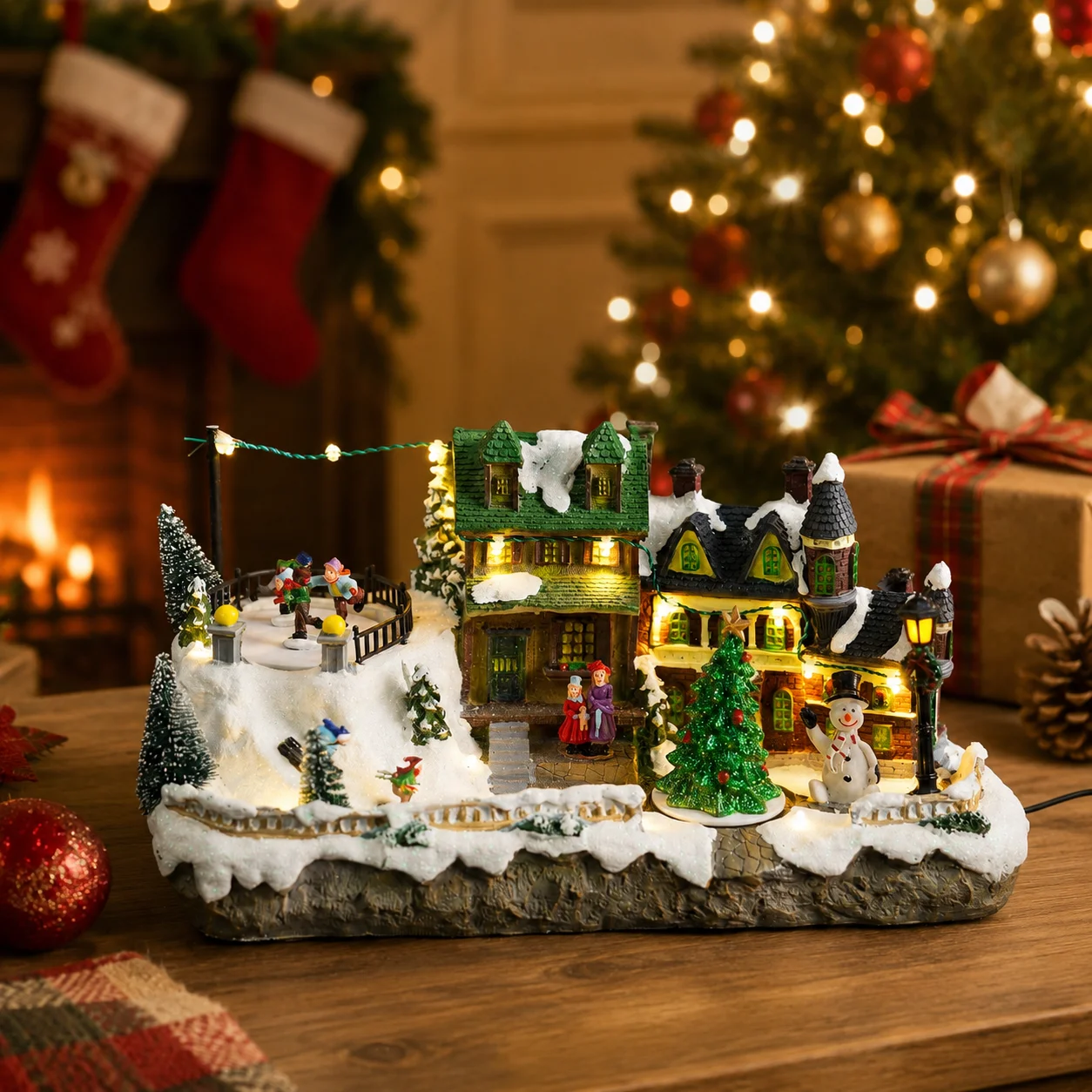 Long Christmas Village Music Box Resin, Rotating Skiers & Christmas Tree LED Snowy Houses 8 Songs 35cm - Image 4