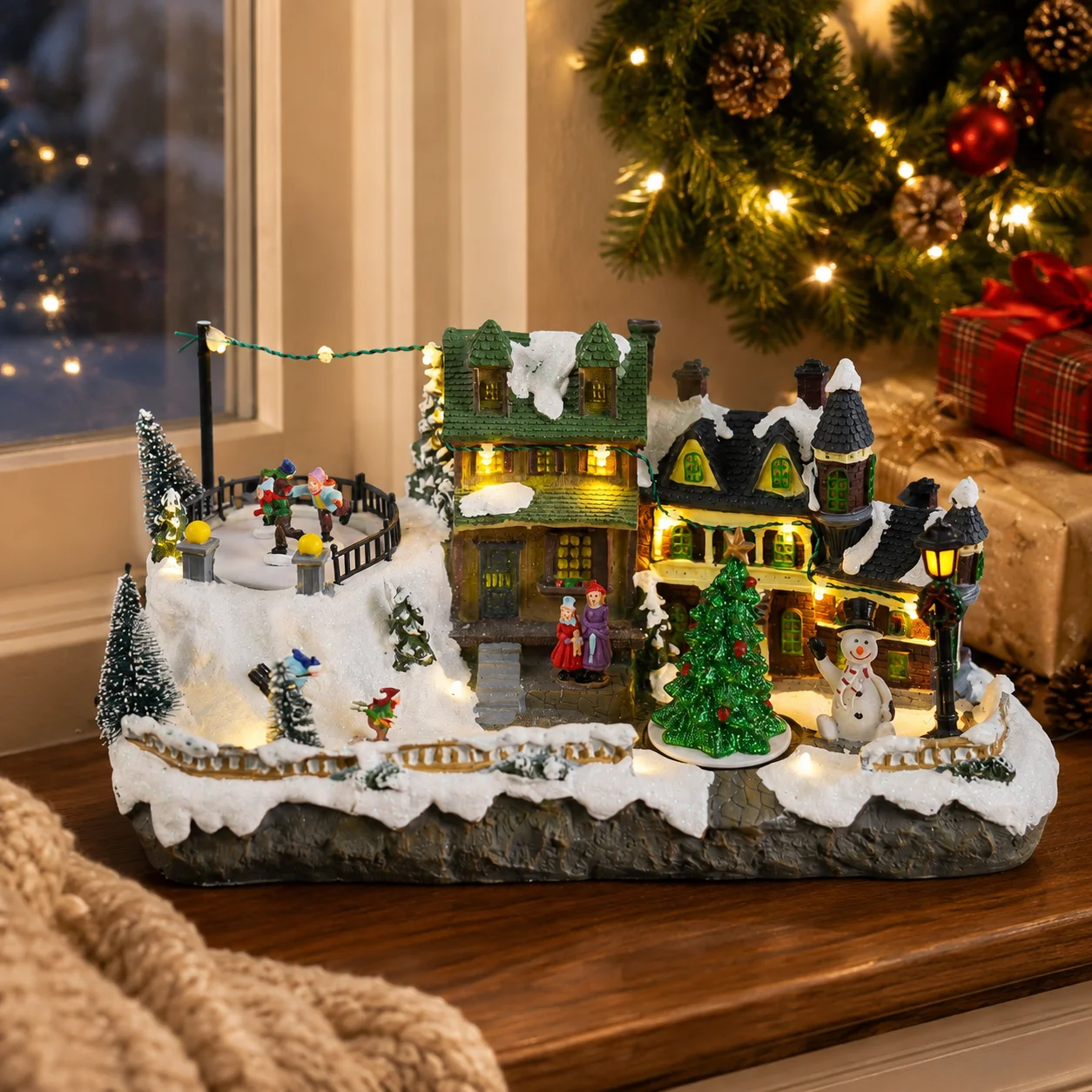 Long Christmas Village Music Box Resin, Rotating Skiers & Christmas Tree LED Snowy Houses 8 Songs 35cm - Image 6