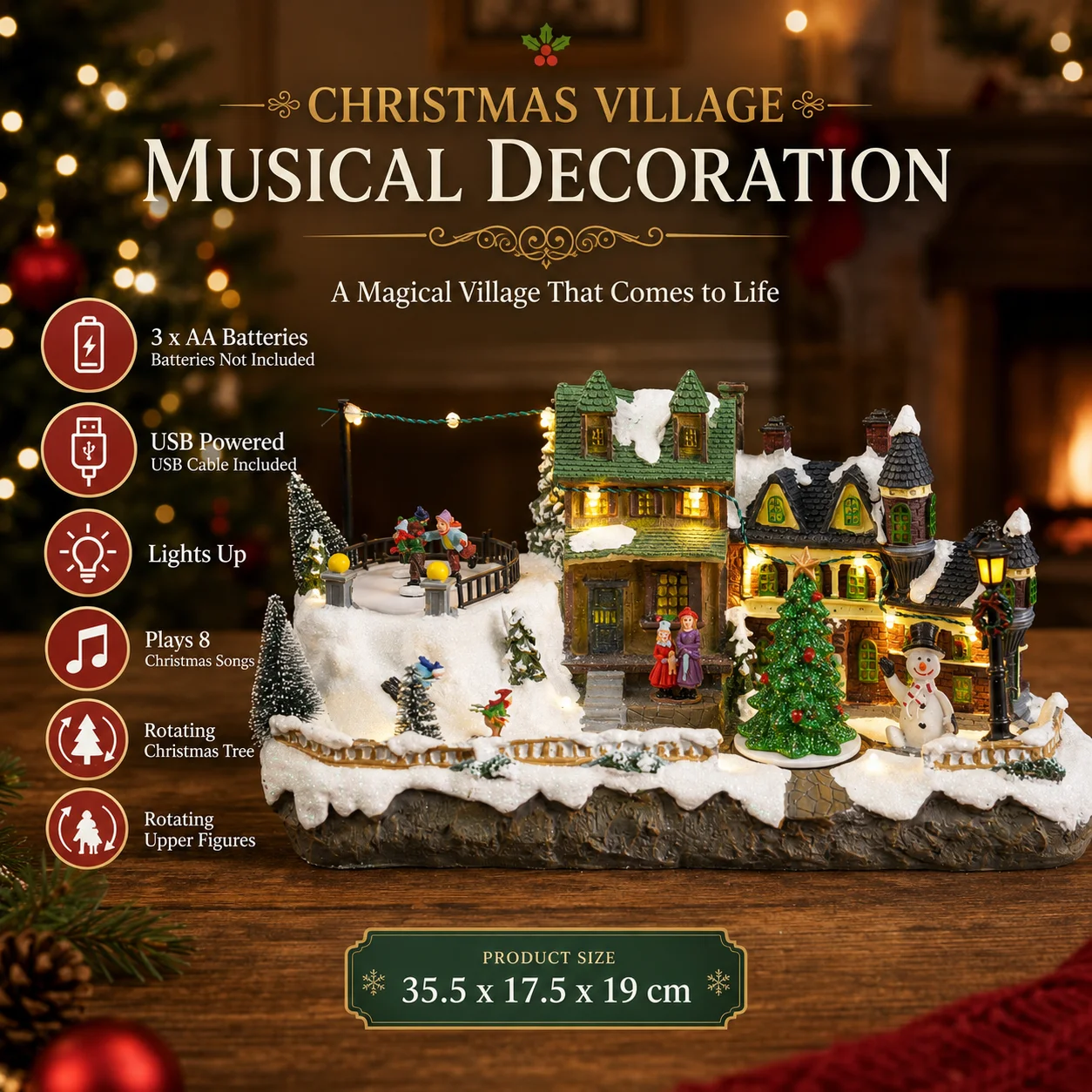 Long Christmas Village Music Box Resin, Rotating Skiers & Christmas Tree LED Snowy Houses 8 Songs 35cm - Image 3