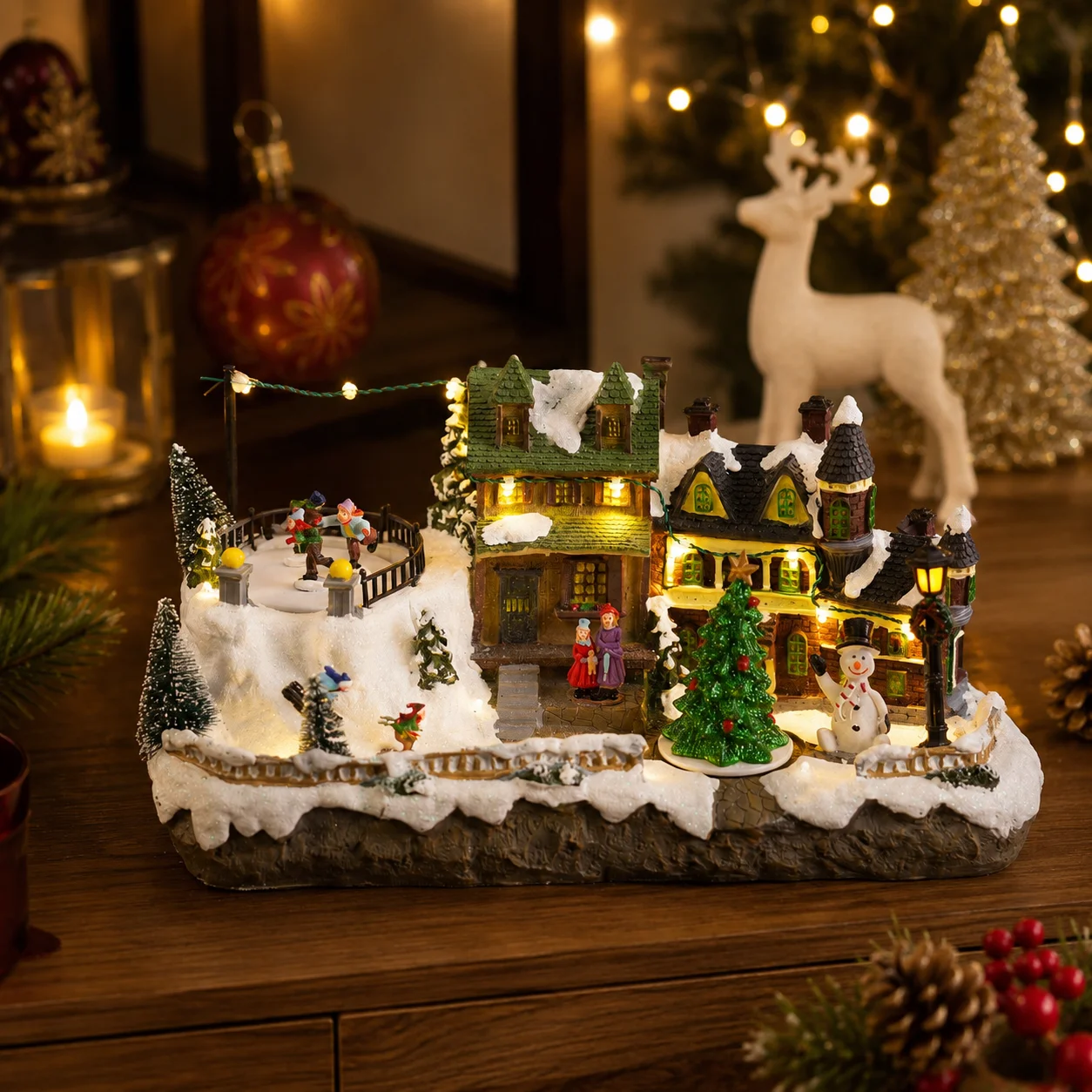 Long Christmas Village Music Box Resin, Rotating Skiers & Christmas Tree LED Snowy Houses 8 Songs 35cm - Image 5