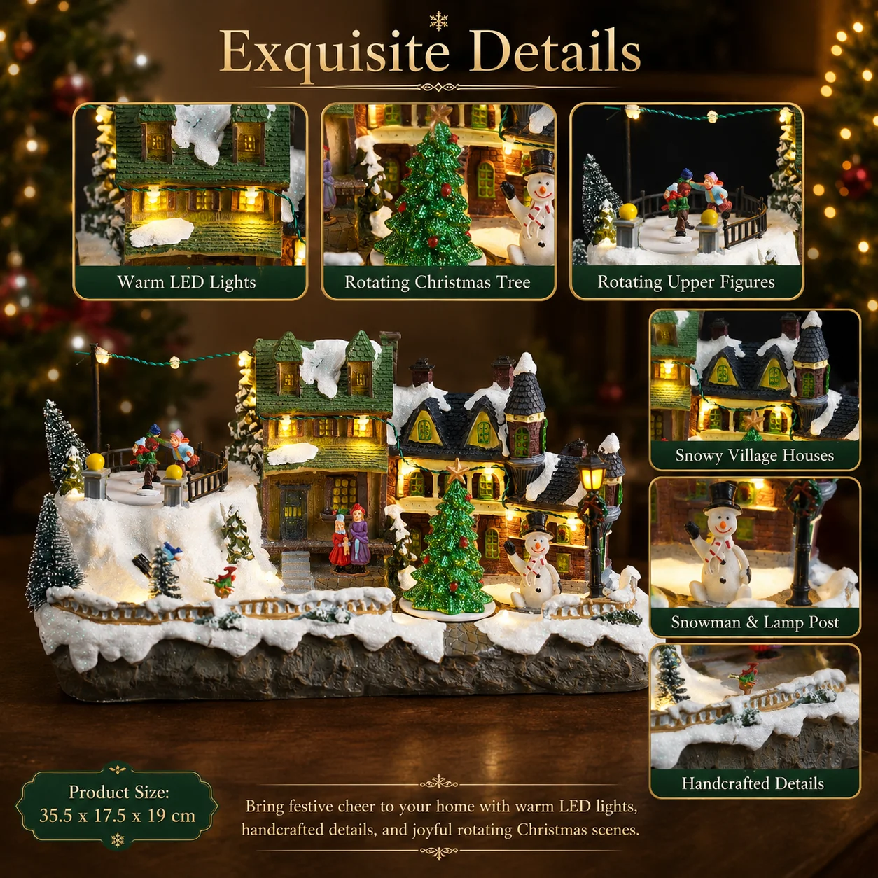 Long Christmas Village Music Box Resin, Rotating Skiers & Christmas Tree LED Snowy Houses 8 Songs 35cm