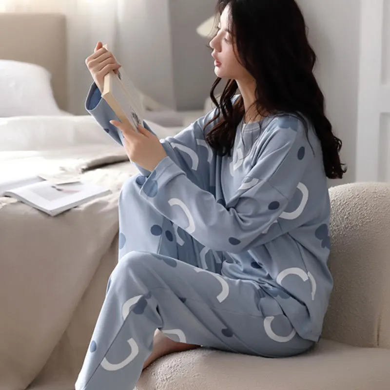 Long-Sleeved Pyjamas Women's Autumn and Winter Cotton Round Neck Fashion Soft Casual Breathable Cute Cartoon Loungewear Outside - Image 2
