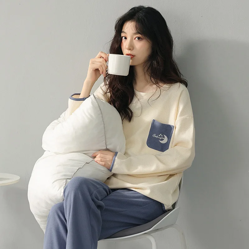 Long-Sleeved Pyjamas Women's Autumn and Winter Cotton Round Neck Fashion Soft Casual Breathable Cute Cartoon Loungewear Outside - Image 5