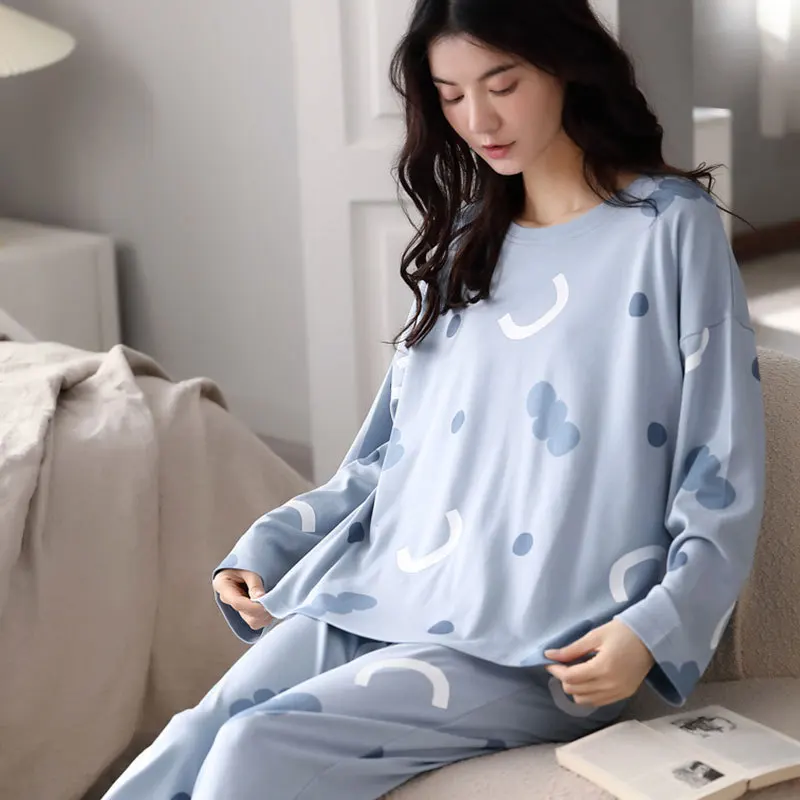 Long-Sleeved Pyjamas Women's Autumn and Winter Cotton Round Neck Fashion Soft Casual Breathable Cute Cartoon Loungewear Outside - Image 3