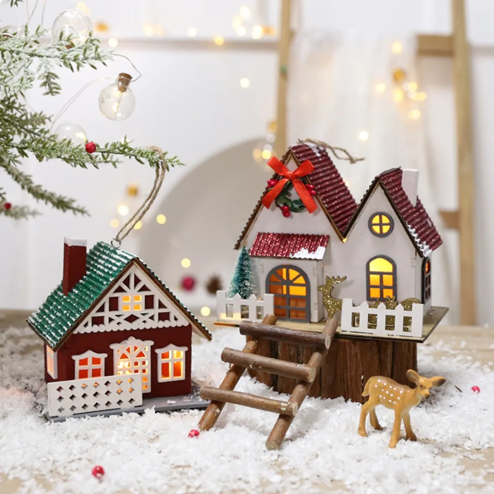 Luminous Christmas Cabin Ornament Wooden Simulation Christmas Tree House Pendants Modern Style Christmas Village Scene Figurine - Image 5
