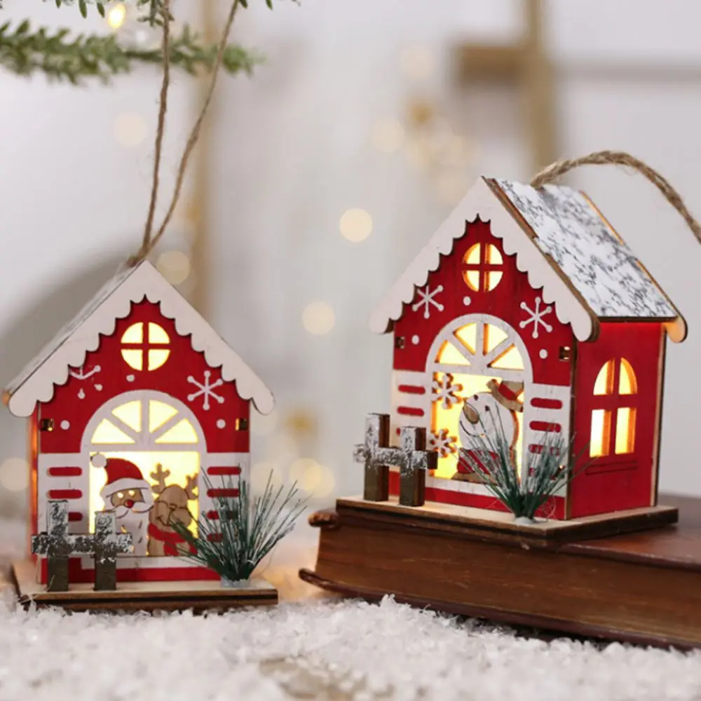 Luminous Christmas Cabin Ornament Wooden Simulation Christmas Tree House Pendants Modern Style Christmas Village Scene Figurine - Image 4