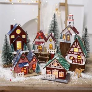 Luminous Christmas Cabin Ornament Wooden Simulation Christmas Tree House Pendants Modern Style Christmas Village Scene Figurine