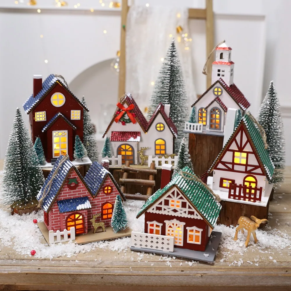 Luminous Christmas Cabin Ornament Wooden Simulation Christmas Tree House Pendants Modern Style Christmas Village Scene Figurine