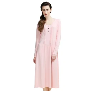MISS EMILY Long-sleeved Nightgown, Long, Large-sized, Loose-fitting, Korean-style Simple Round-neck Cotton Pajamas and Home Wear