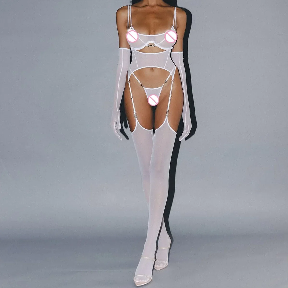MUZISKAT 2025 Cross border Mesh Comfortable Breathable Belt with Stocking Body Shaping Ultra Thin Sexy Split Five Piece Set - Image 4