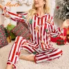 Meet'r New Year Christmas Long Sleeved Long Pants Home Clothes Underwear Striped Print Pajamas Ladies' Comfortable Pajamas