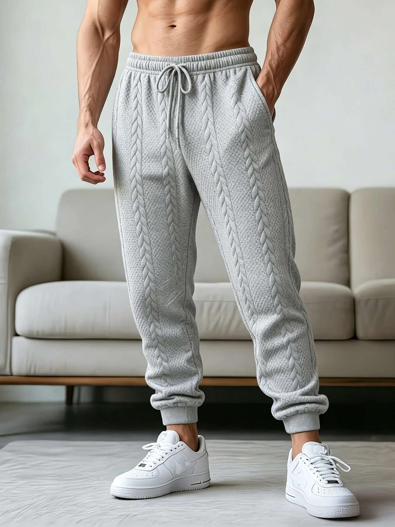 Men Cable‑Knit Jacquard Textured Jogger Pants Loose Casual Sweatpants Elastic Drawstring Waist Trousers With Side Pockets - Image 3