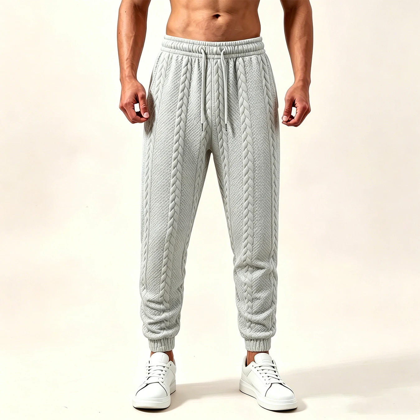 Men Cable‑Knit Jacquard Textured Jogger Pants Loose Casual Sweatpants Elastic Drawstring Waist Trousers With Side Pockets - Image 4