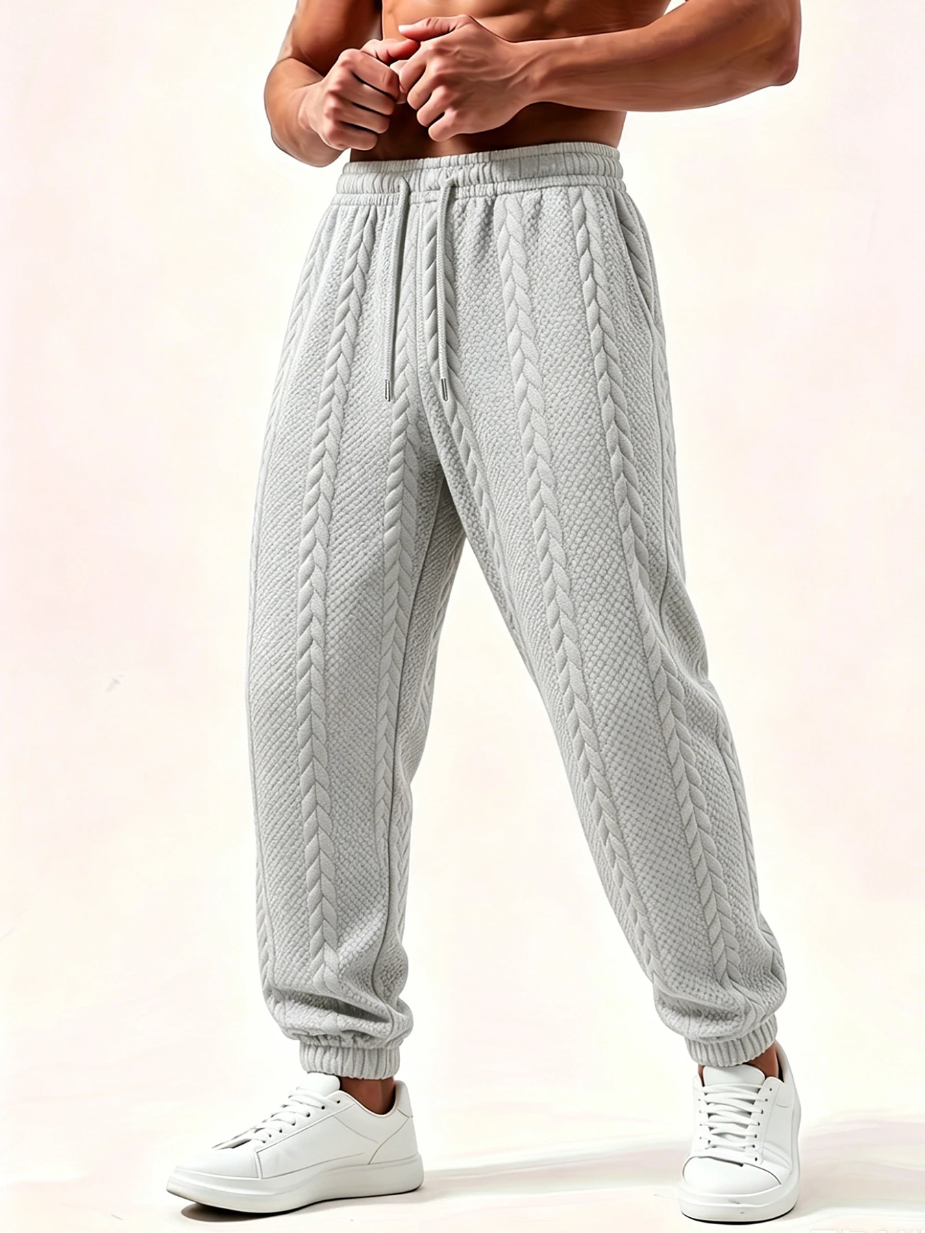 Men Cable‑Knit Jacquard Textured Jogger Pants Loose Casual Sweatpants Elastic Drawstring Waist Trousers With Side Pockets