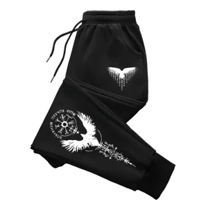 Men Casual Jogger Sweatpants Nordic Raven Symbol Print Elastic Drawstring Waist Ribbed Hem Daily Sports Street Trousers